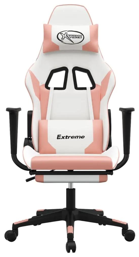 Cadeira gaming massagens c/ apoio pés couro artif. branco/rosa