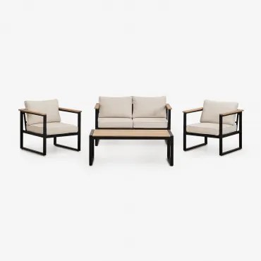 Conjunto De Jardim Com Sofá De 2 Lugares, 2 Poltronas E Mesa De Centro Em Alumínio E Madeira De Acácia Lipov Preto - Sklum
