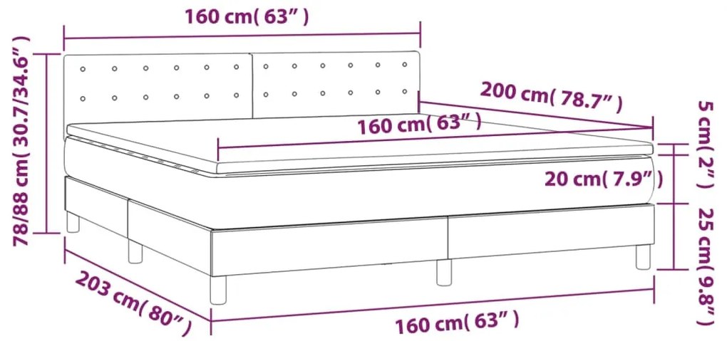 Cama box spring c/ colchão/LED 160x200cm tecido castanho-escuro