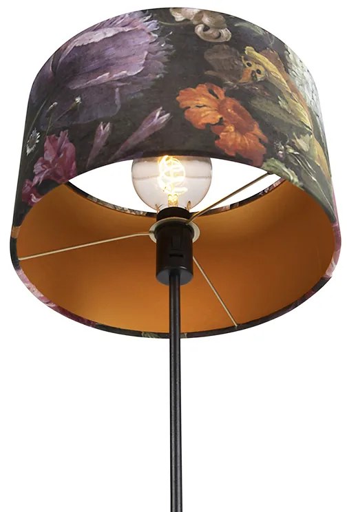 Candeeiro de pé preto com cúpula de veludo flores 35 cm - Parte Clássico / Antigo