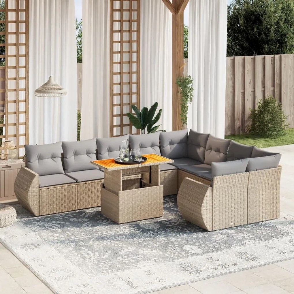 10 pcs conjunto de sofás p/ jardim com almofadões vime PE bege