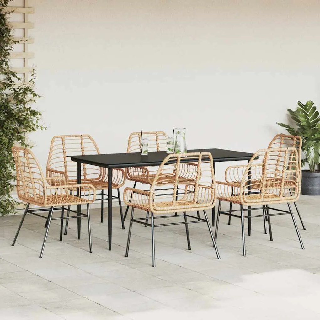 Conjunto jantar jardim 7 peças vidro vime PE castanho