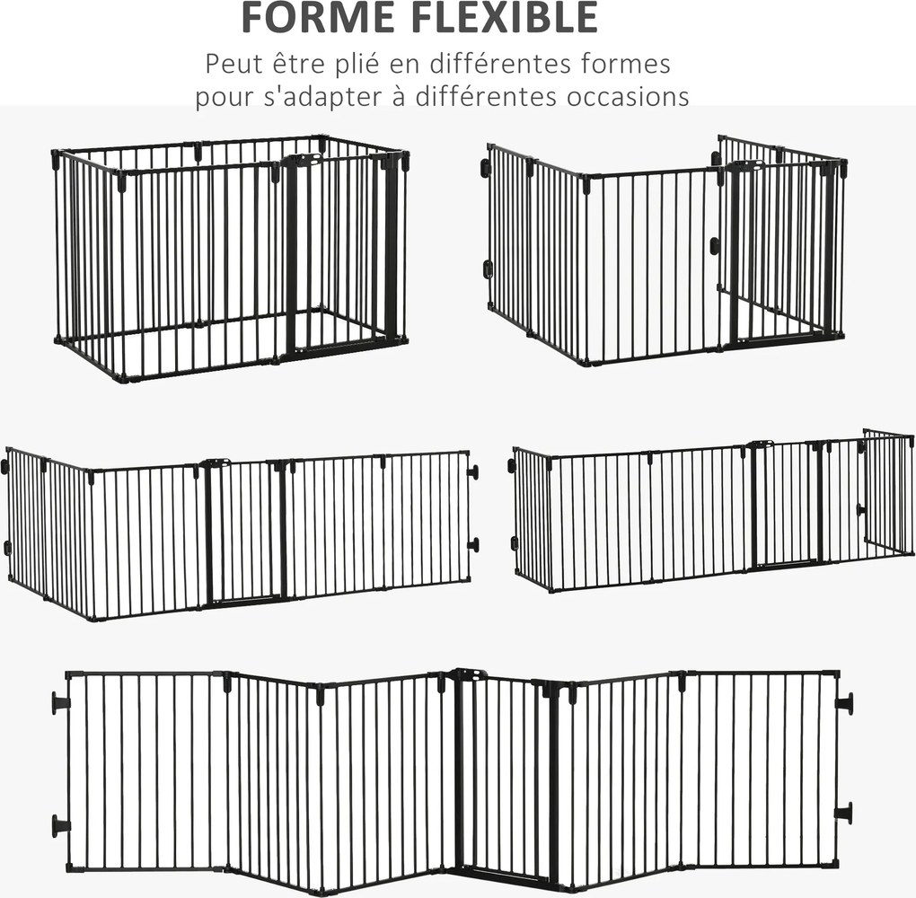 Barreira de Segurança para Animais Dobrável e Modulável, 362,5 x 2 x 76 cm, 6 Painéis com Porta, Preto