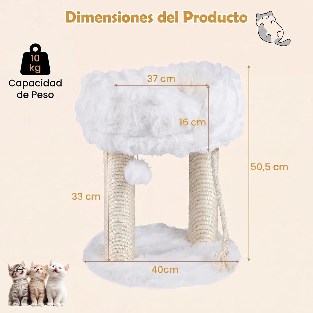 Árvore para Gatos Pequena, 40 x 40 x 50,5 cm, Plataforma Superior de Pelúcia, Branco