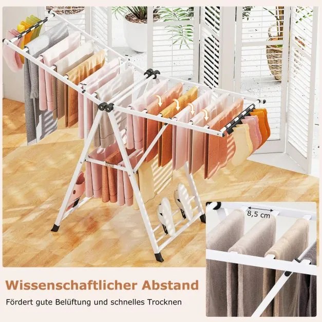 Estendal dobrável com braços ajustáveis 163 x 56 x 99–158 cm, pinças para meias e prateleira para sapatos, secador de roupa extensível branco