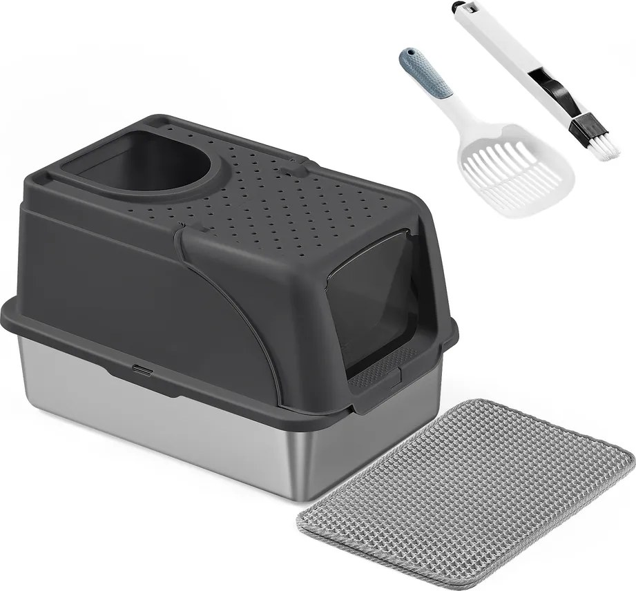 Caixa de areia para gatos 61 x 41 x 36,5 cm aço inoxidável e plastico Preto