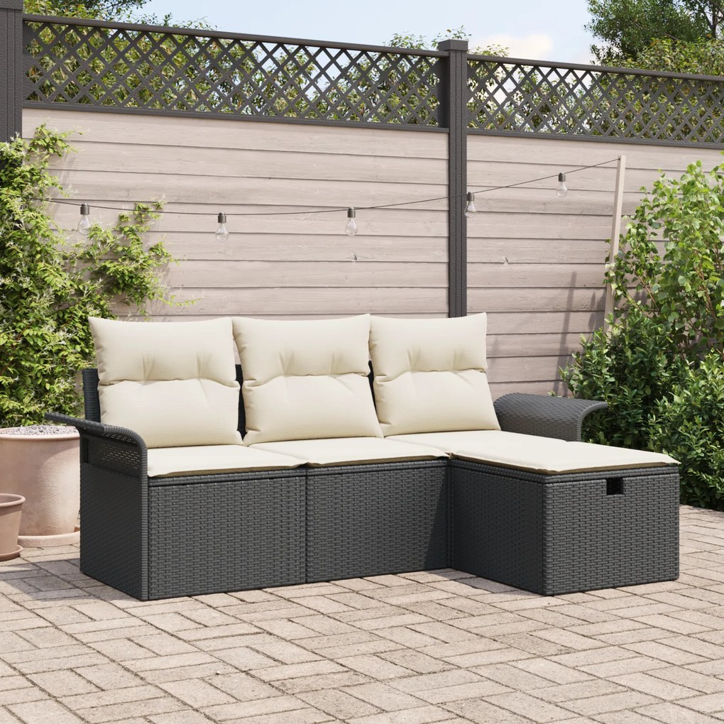 Conjunto de Sofá de Jardim de 4 Peças com Almofadas Rattan Preto
