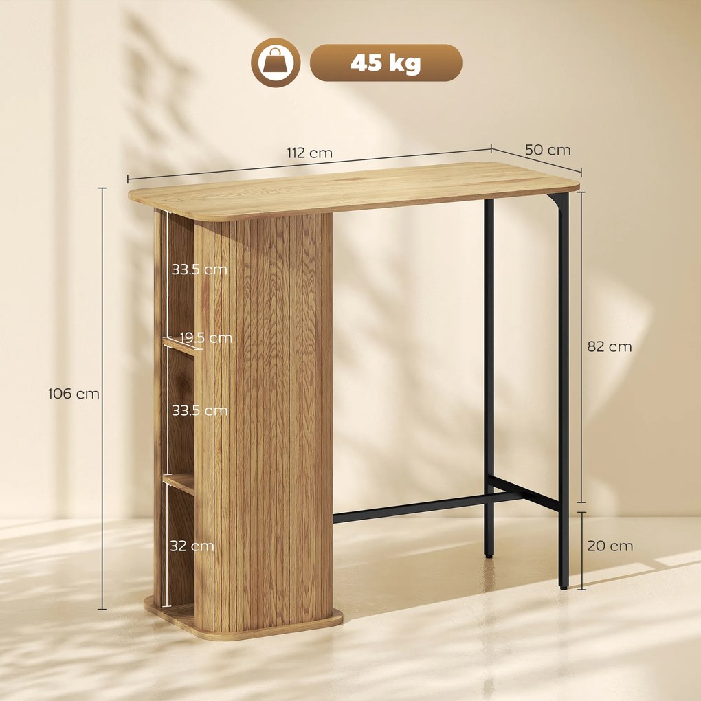Mesa alta para refeições em pé 112 x 50 x 106 cm, mesa de bar com 3 prateleiras de arrumação e pés em metal, madeira natural