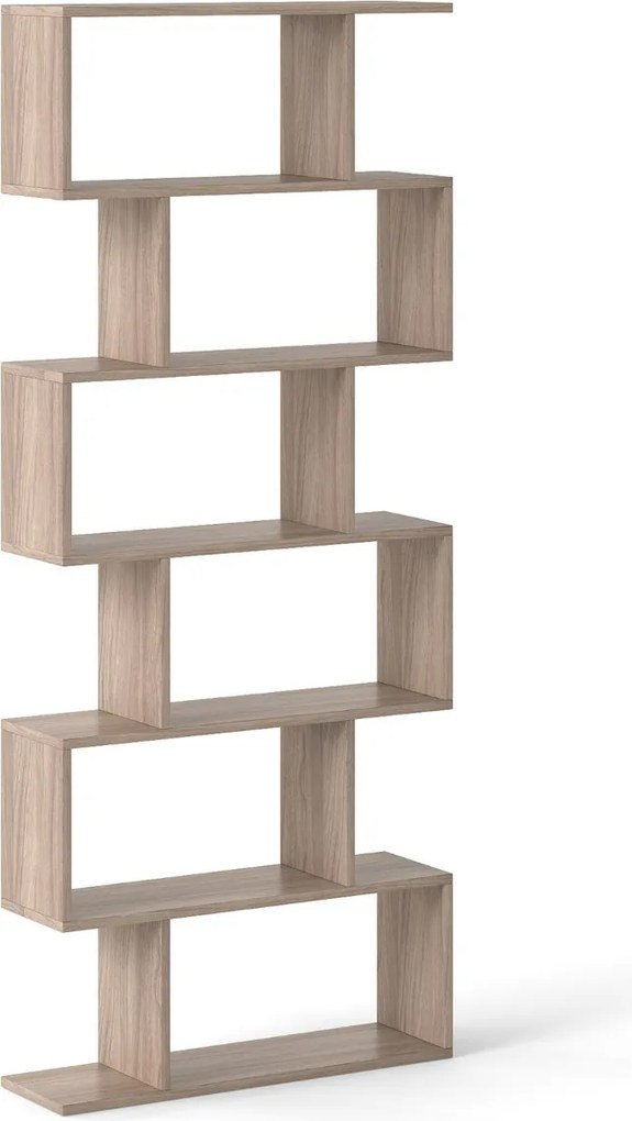 Estante de livros 80 x 23 x 191 cm de 6 níveis em forma de S de madeira para escritório ou sala de estar Cinzento