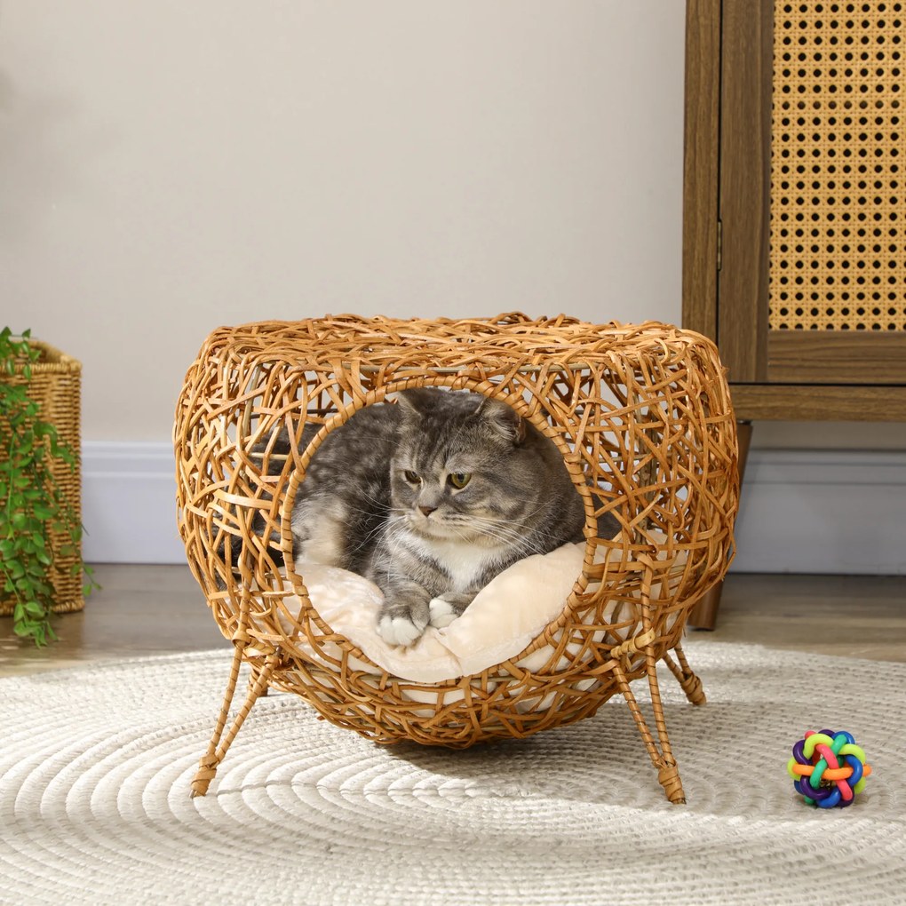 Cama para gatos Ø 40 x 32 cm,, cesto para gatos, casinha de rattan para gatos, almofada grossa, castanho claro