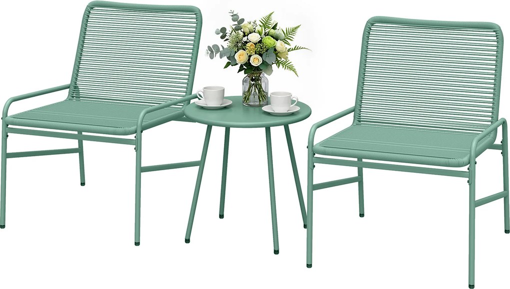 Conjunto de jardim de 3 peças para exterior em resina trançada e aço, mesa redonda de jardim com 2 cadeiras verde