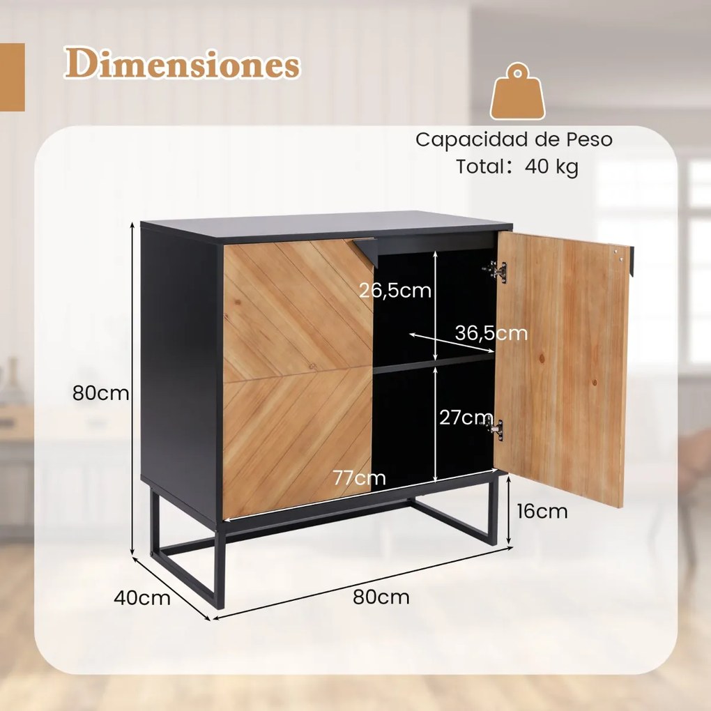 Armario de arrumação com portas com pernas de metal para sala de estar Sala de jantar 80 x 40 x 80 cm Preto