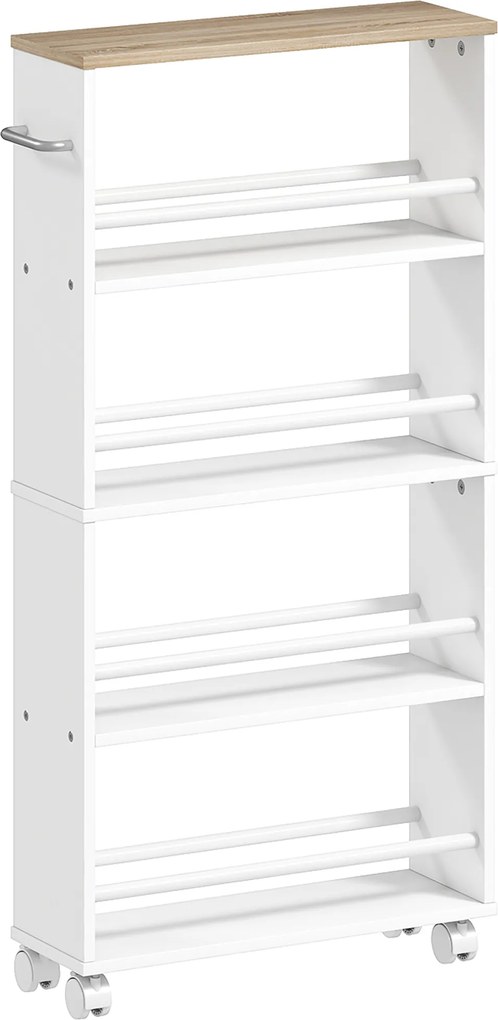HOMCOM Estante multifuncional com rodízios, construção estreita, 4 compartimentos, 45x15x91 cm, Natural | Aosom Portugal