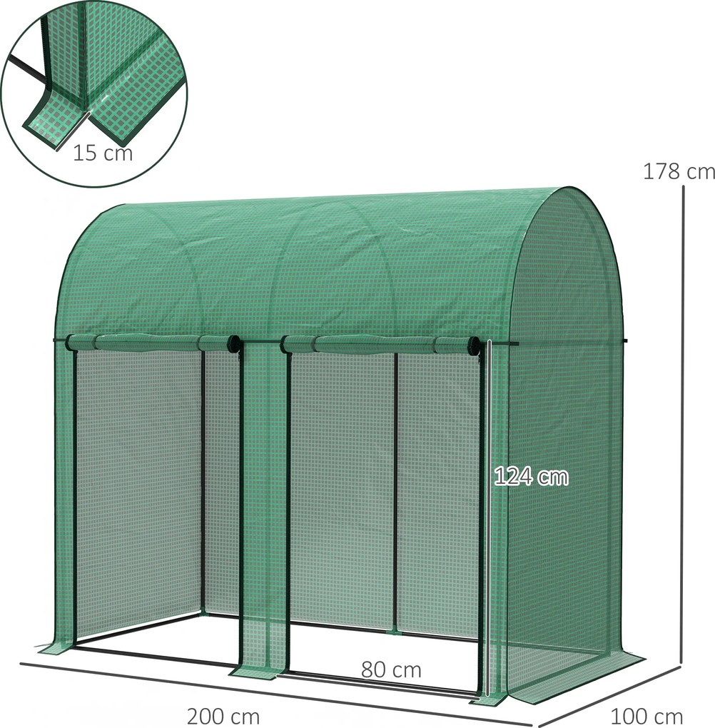 Estufa Pequena Estufa de Exterior com Porta Dupla com Fecho de Correr e Cobertura de PE 200x100x178 cm Verde