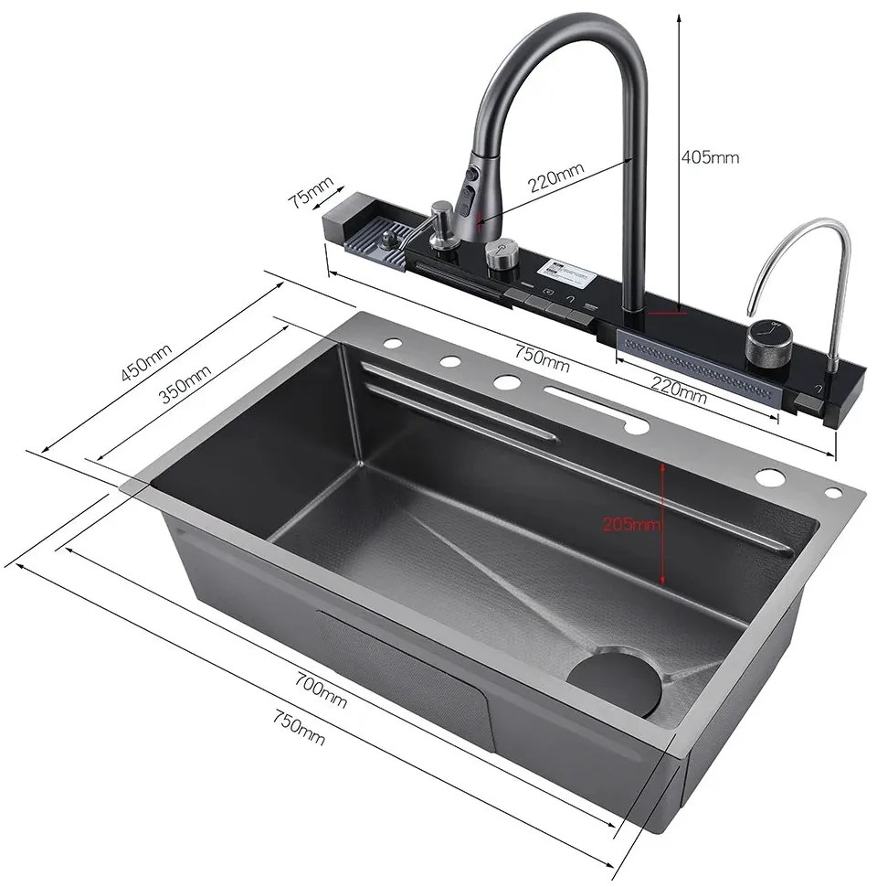Lava-Loiça de Cozinha em Aço Inoxidável 304 com Cascata e Display Digi