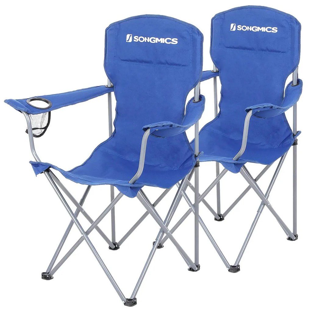 SONGMICS Conjunto de 2 cadeiras dobráveis ​​de acampamento, estrutura confortável e resistente, máx. Capacidade de carga 150 kg, com porta-copos, cadeiras de exterior, azul GCB08BU