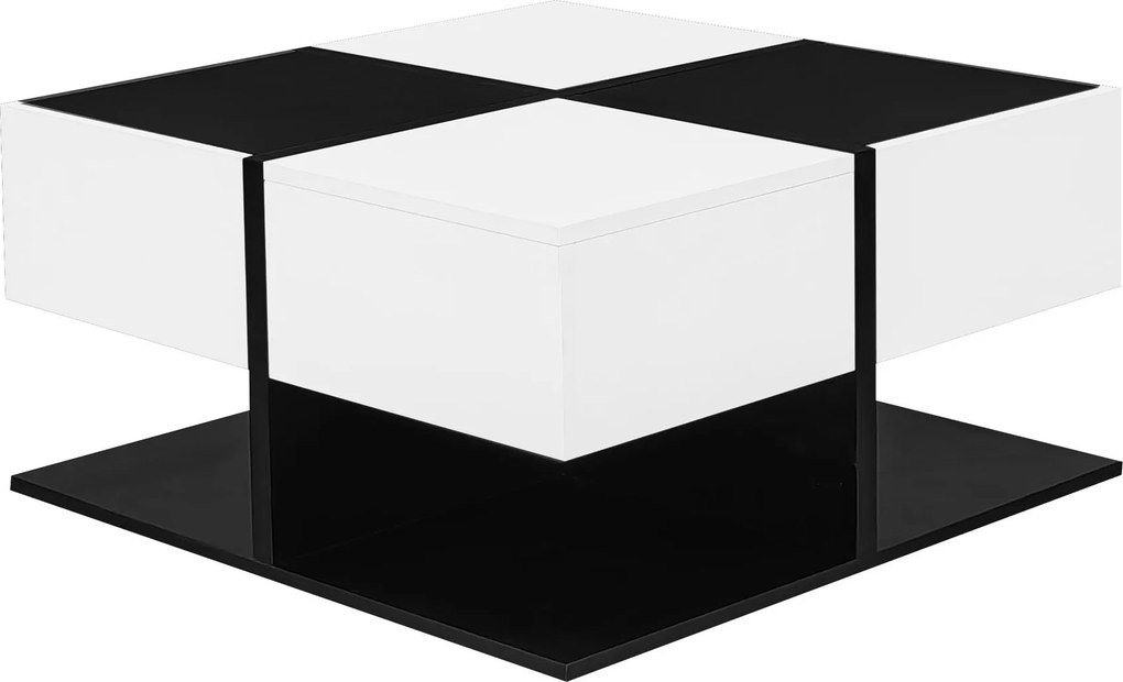 Mesa de centro com 2 gavetas, mesa quadrada de sala de estar com arrumação, 70x70x35,5 cm, Preto+Branco