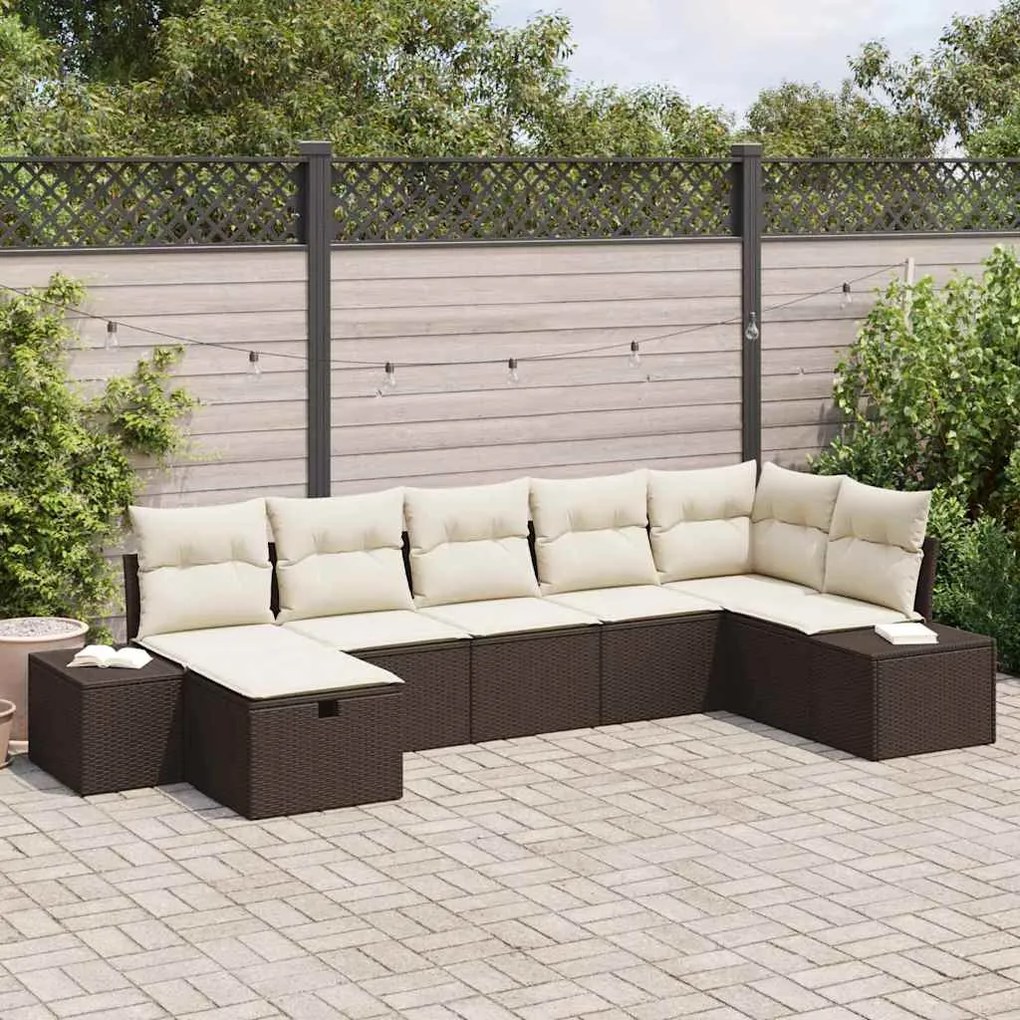 vidaXL Conjunto de sofá de jardim de 7 peças com almofadas marrons em rattan sintético