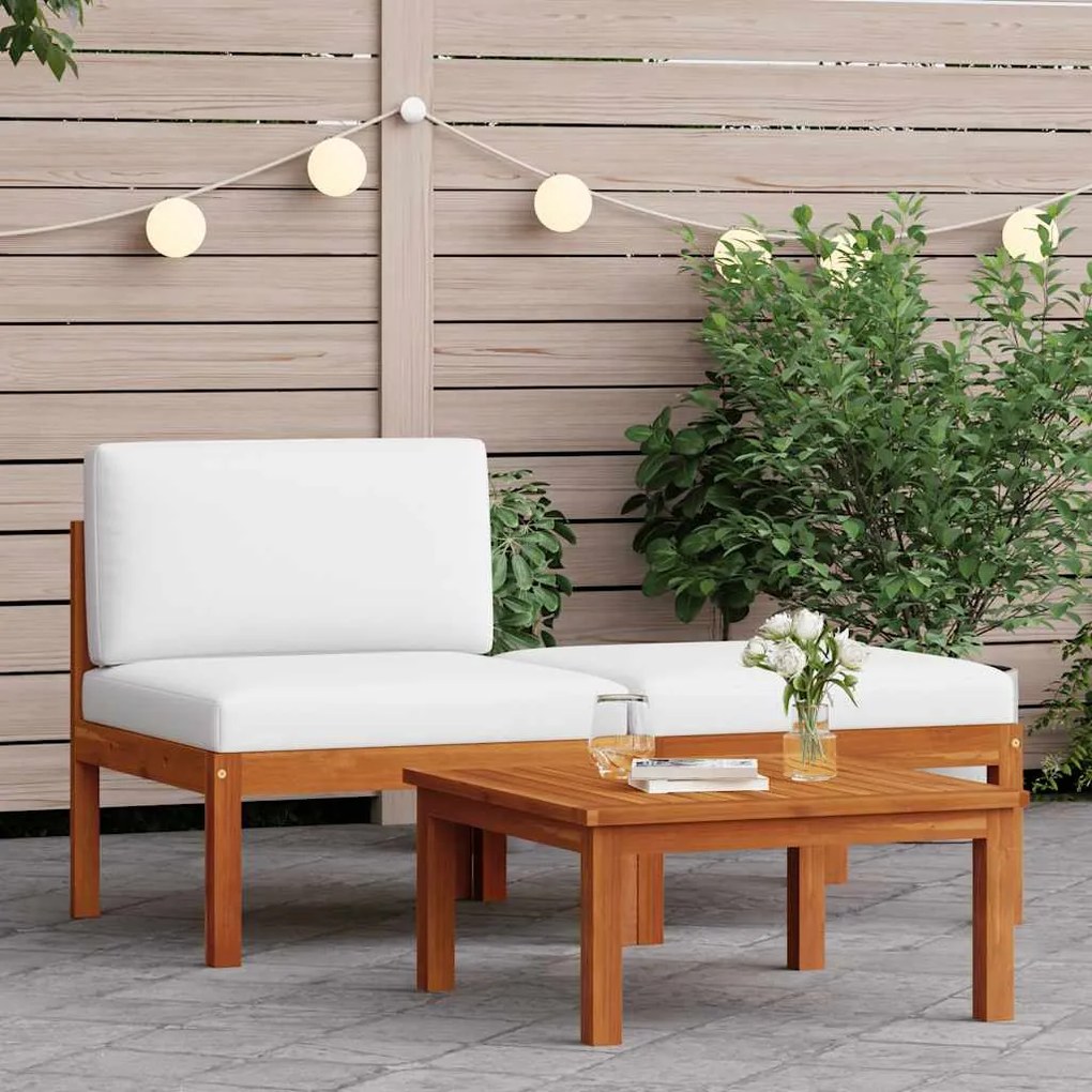 vidaXL Conjunto de 3 peças para jardim com almofadas, madeira de acácia e corda, vidaXL