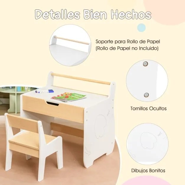Conjunto de mesa e cadeira infantil de madeira 2 em 1 para crianças com tabuleiro removível, branco