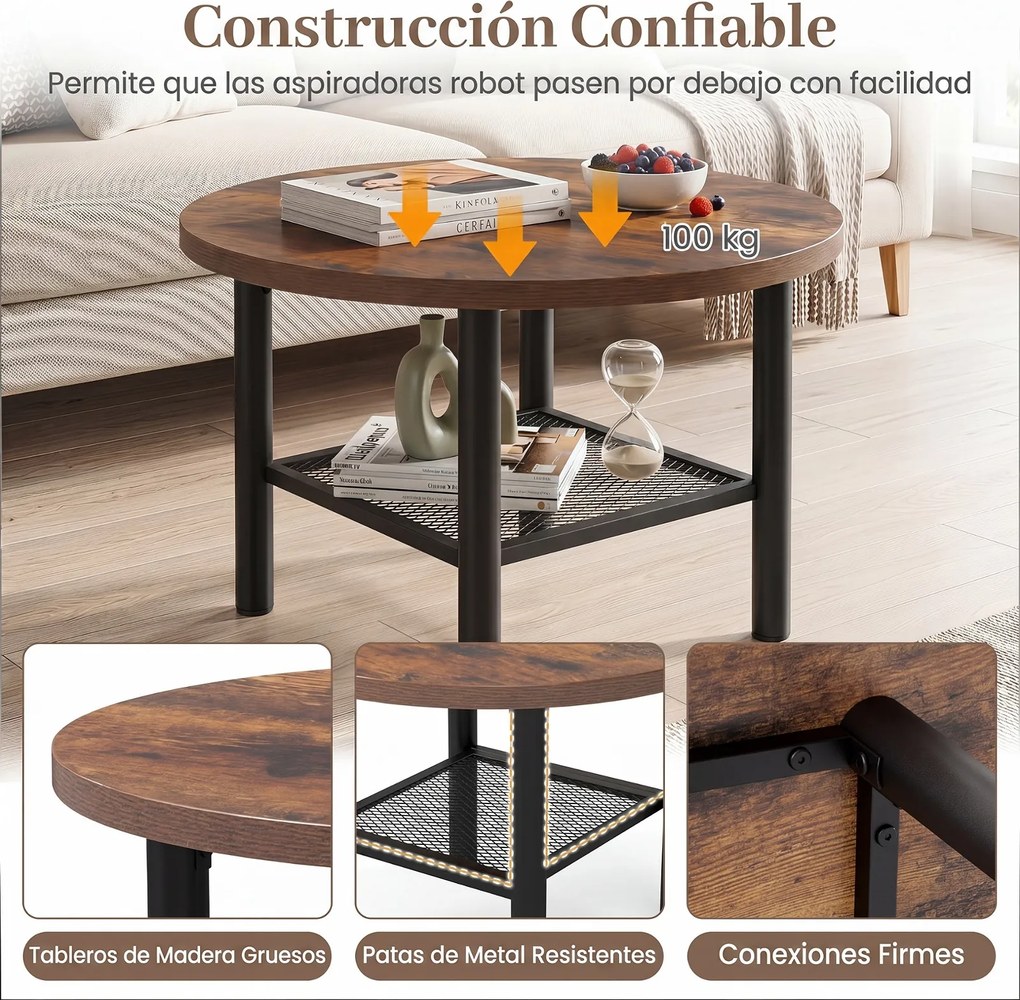 Mesa de Centro Redonda, 60 x 60 x 42 cm, Arrumação em 2 Níveis, Castanho+Preto