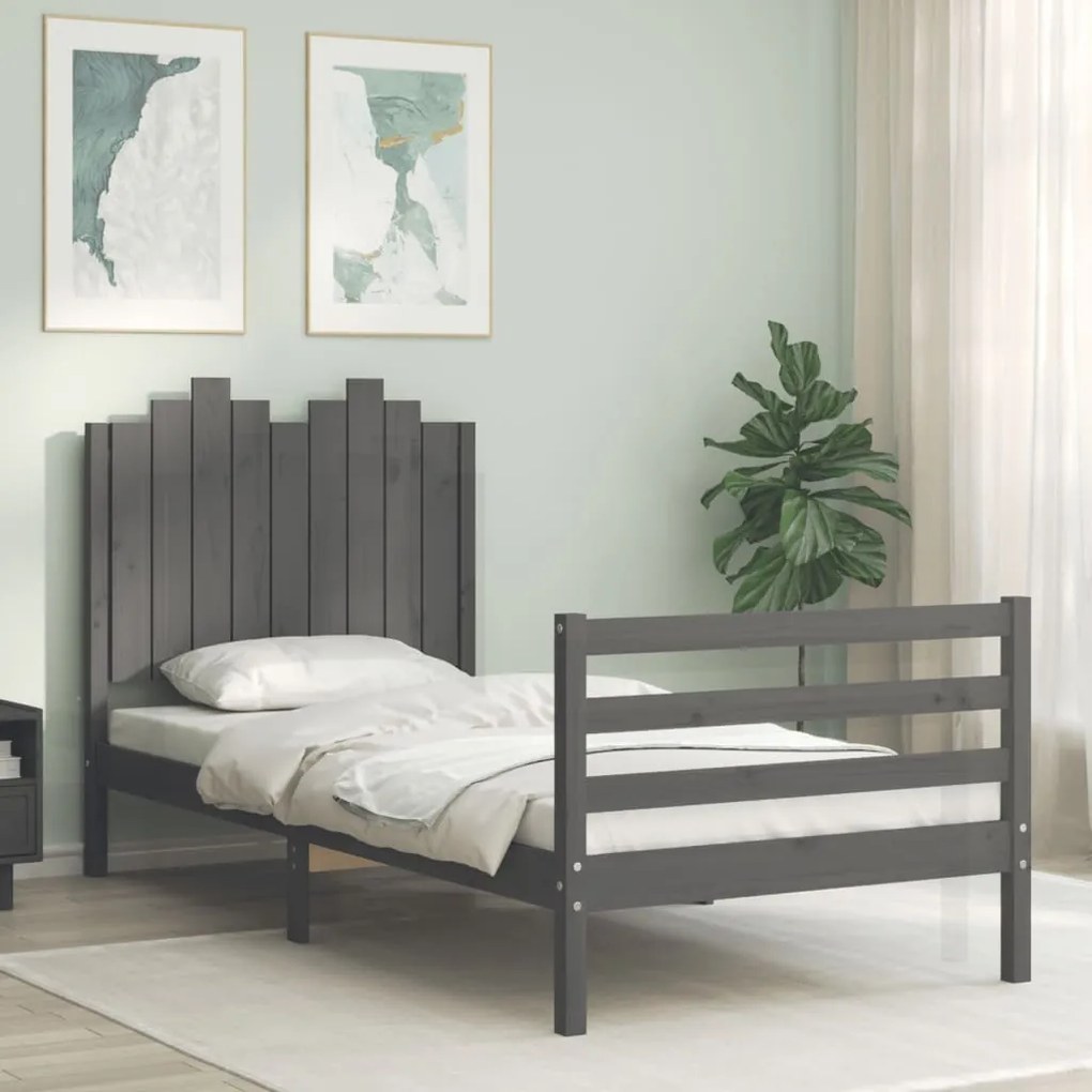 vidaXL Estrutura de cama com cabeceira 90x200 cm madeira maciça cinza