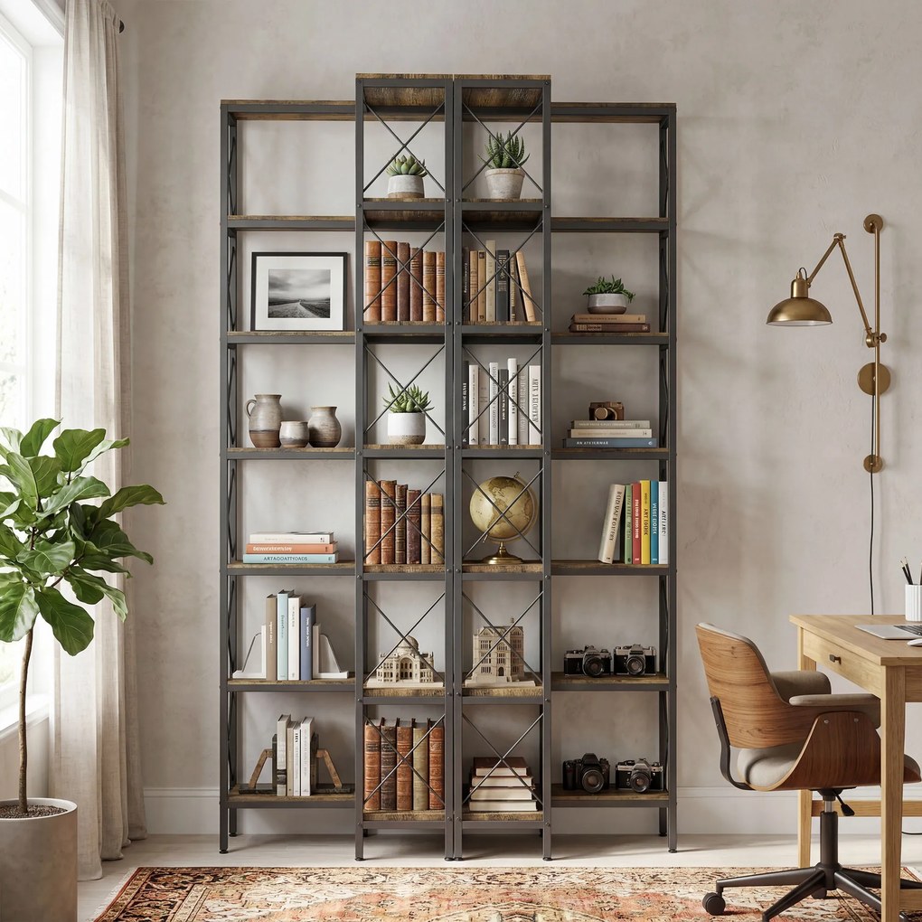 Estante de canto com 6 prateleiras 60 x 60 x 200 cm, móvel de arrumação em metal para sala de estar, quarto, escritório, castanho rústico e preto