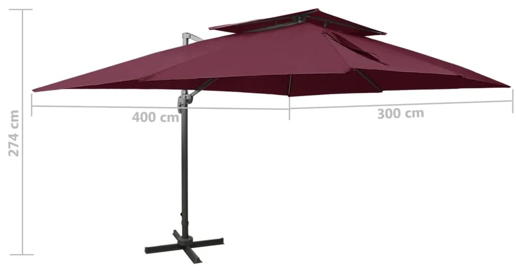 Guarda-sol de jardim cantilever c/ toldo duplo 400x300 cm bordô