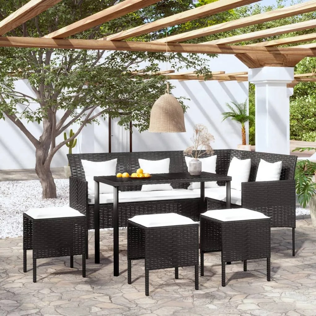 318578 vidaXL 5 pcs conjunto sofás formato L c/ almofadões vime PE preto