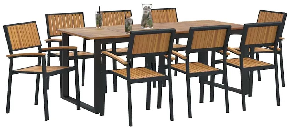 Conjunto de Jantar de Jardim de 9 Peças em Aço Preto e Madeira Sólida