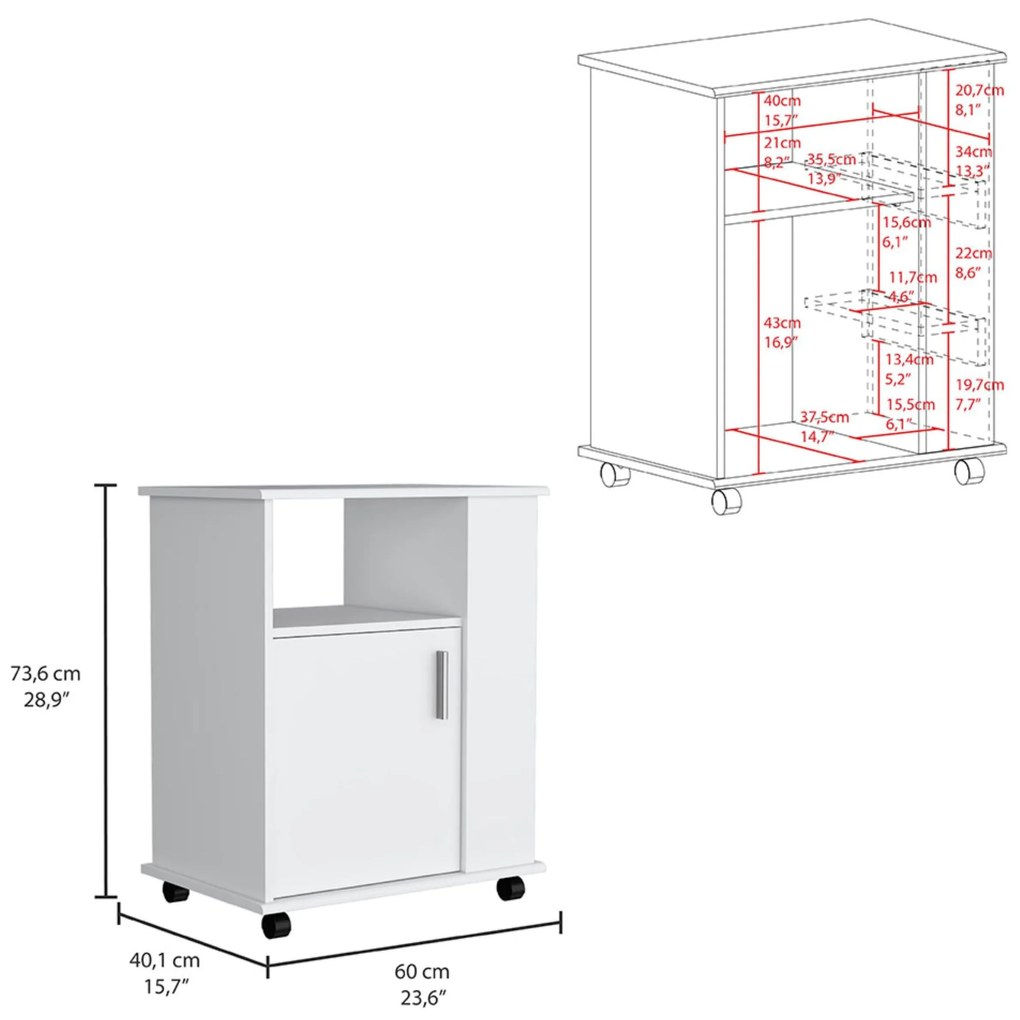 Armário Cozinha inferior para micro-ondas em melamina com armário e 4 prateleiras 73,6 x 60 x 40,1 cm, Branco