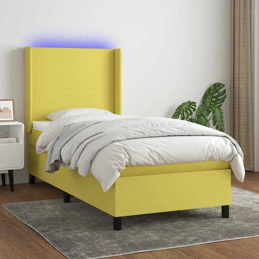 vidaXL Cama box spring c/ colchão e LED 90x200 cm tecido verde