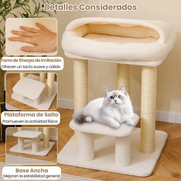Arranhador para gatos com cama acolchoada, plataforma de salto e postes de sisal para arranhar para espaços pequenos 47,5 x 47,5 x 61 cm Branco