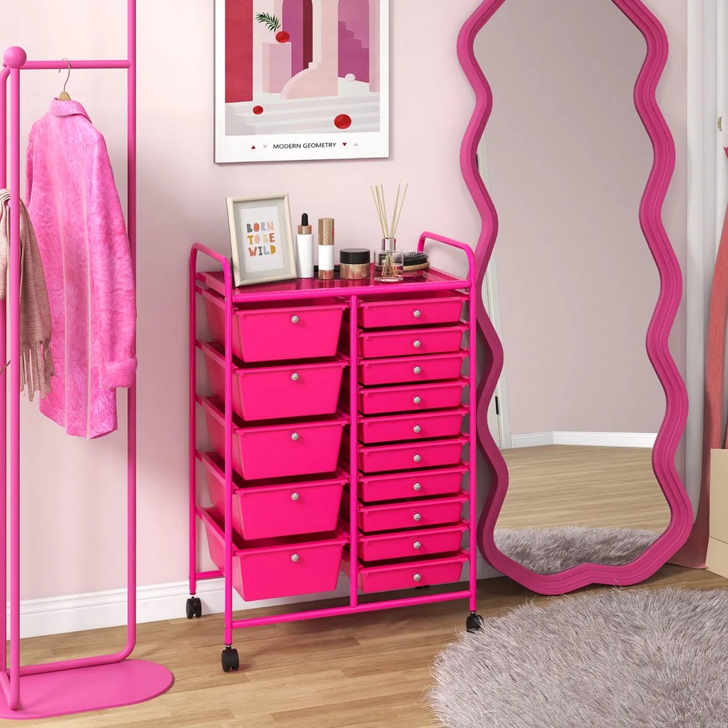 Carrinho multiusos com gavetas amovíveis e rodas com fecho Organizador de acessórios 63 x 37 x 87cm Rosa Escuro
