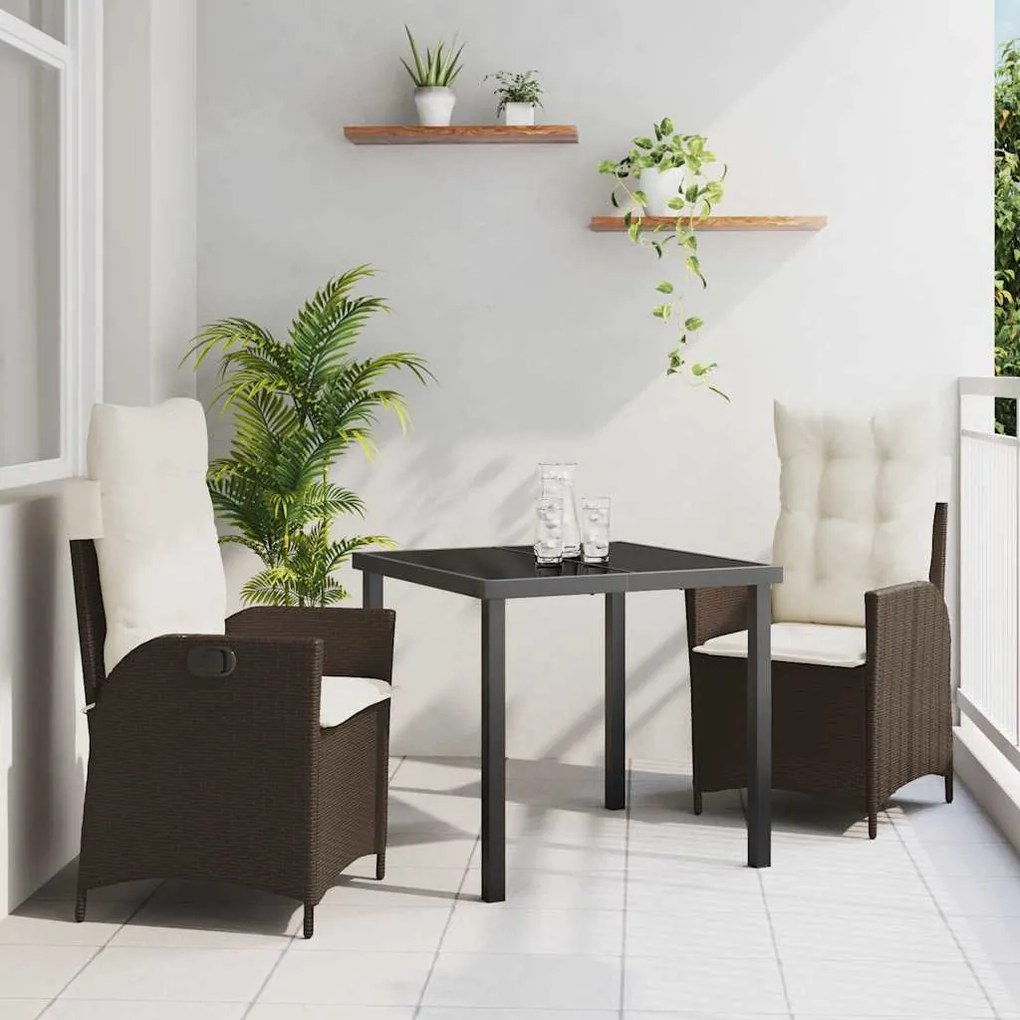 vidaXL Conjunto de jantar de jardim de 3 peças com almofadas marrons em rattan de poliéster.