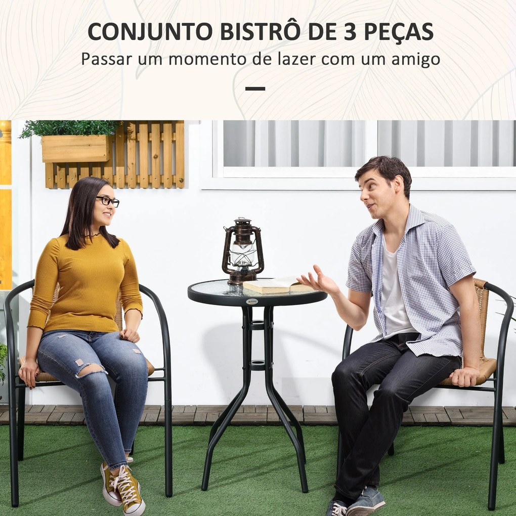 Conjunto de 3 Peças de Vime para Jardim com 2 Cadeiras Empilháveis e 1