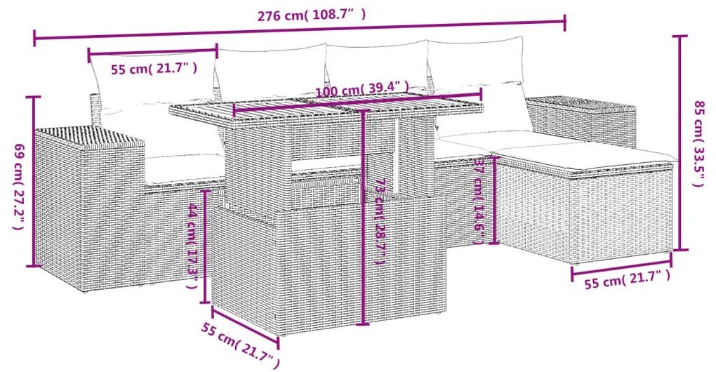 6 pcs conjunto sofás de jardim c/ almofadões vime PE preto