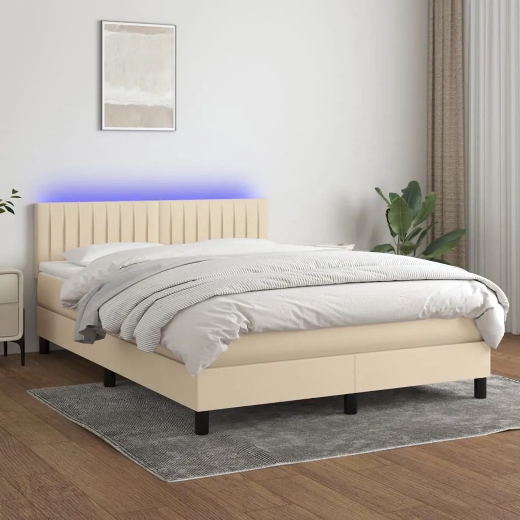 Cama box spring c/ colchão e LED 140x190 cm tecido cor creme