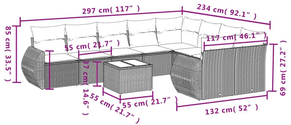 10 pcs conjunto sofás de jardim c/ almofadões vime PE preto