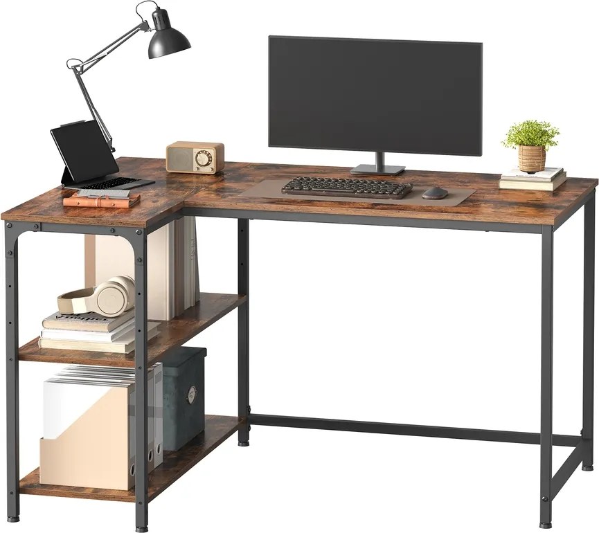 Secretária com espaço de arrumação em L 110 x 80 x 76 cm, prateleira ajustável em altura castanho