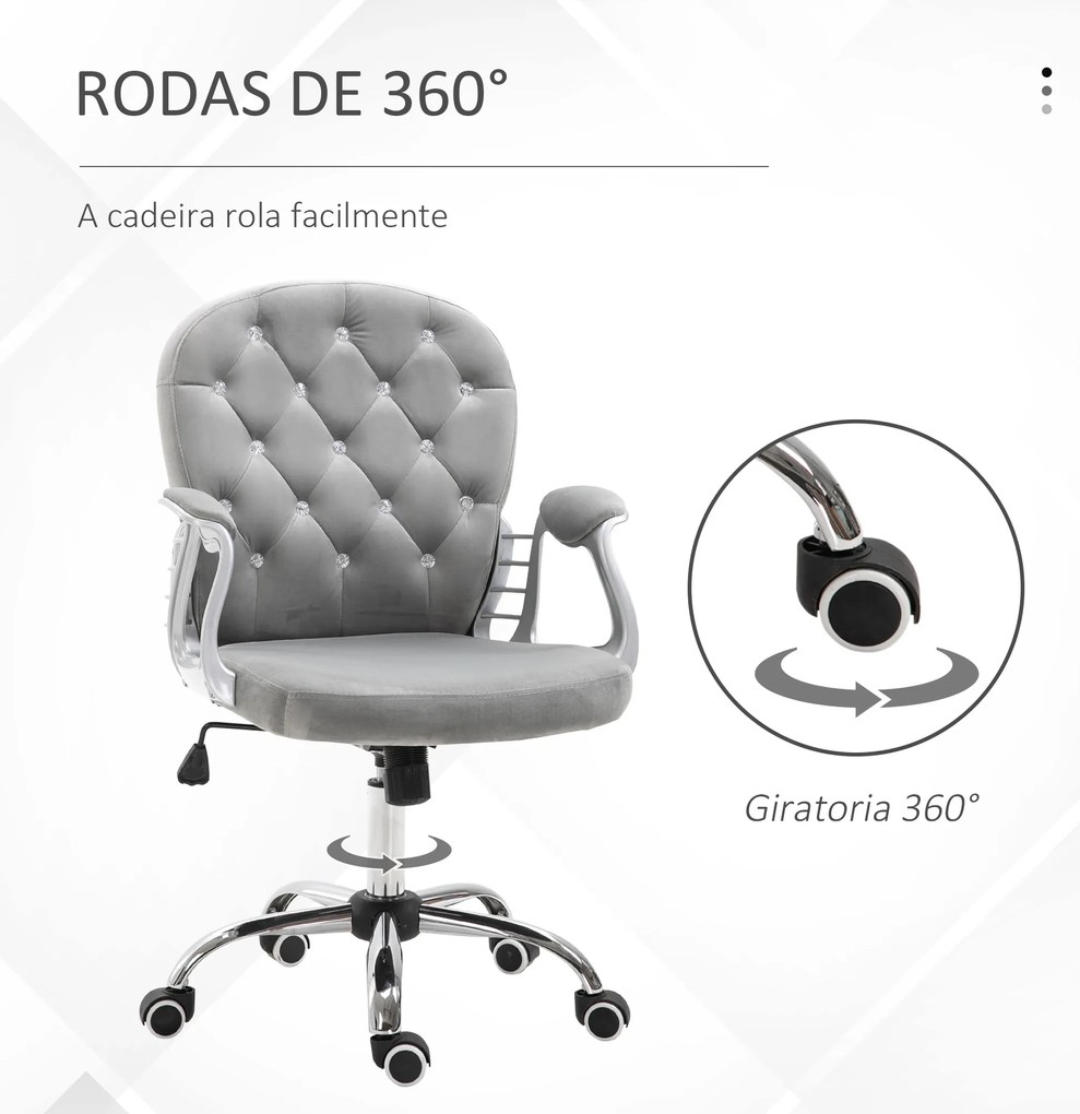 Cadeira de Escritório Estofada em Veludo Cadeira Giratória com Altura Ajustável e Decorações de Cristal 59,5x60,5x95-105 cm Cinzenta
