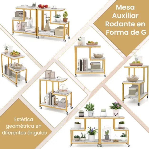 Mesa lateral sala, quarto de 3 níveis com prateleiras abertas e rodas bloqueáveis para sala de estar 59 x 30 x 61 cm Branco e Dourada