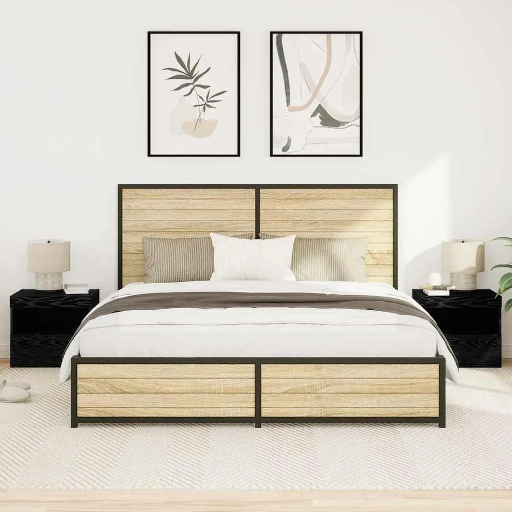 Criados-mudos vidaXL com luzes LED 2 pcs Carvalho Preto 50x40x45 cm