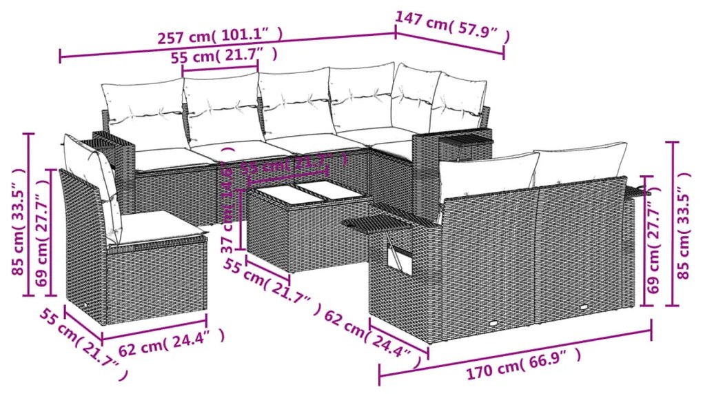 9 pcs conjunto sofás p/ jardim com almofadões vime PE cinzento