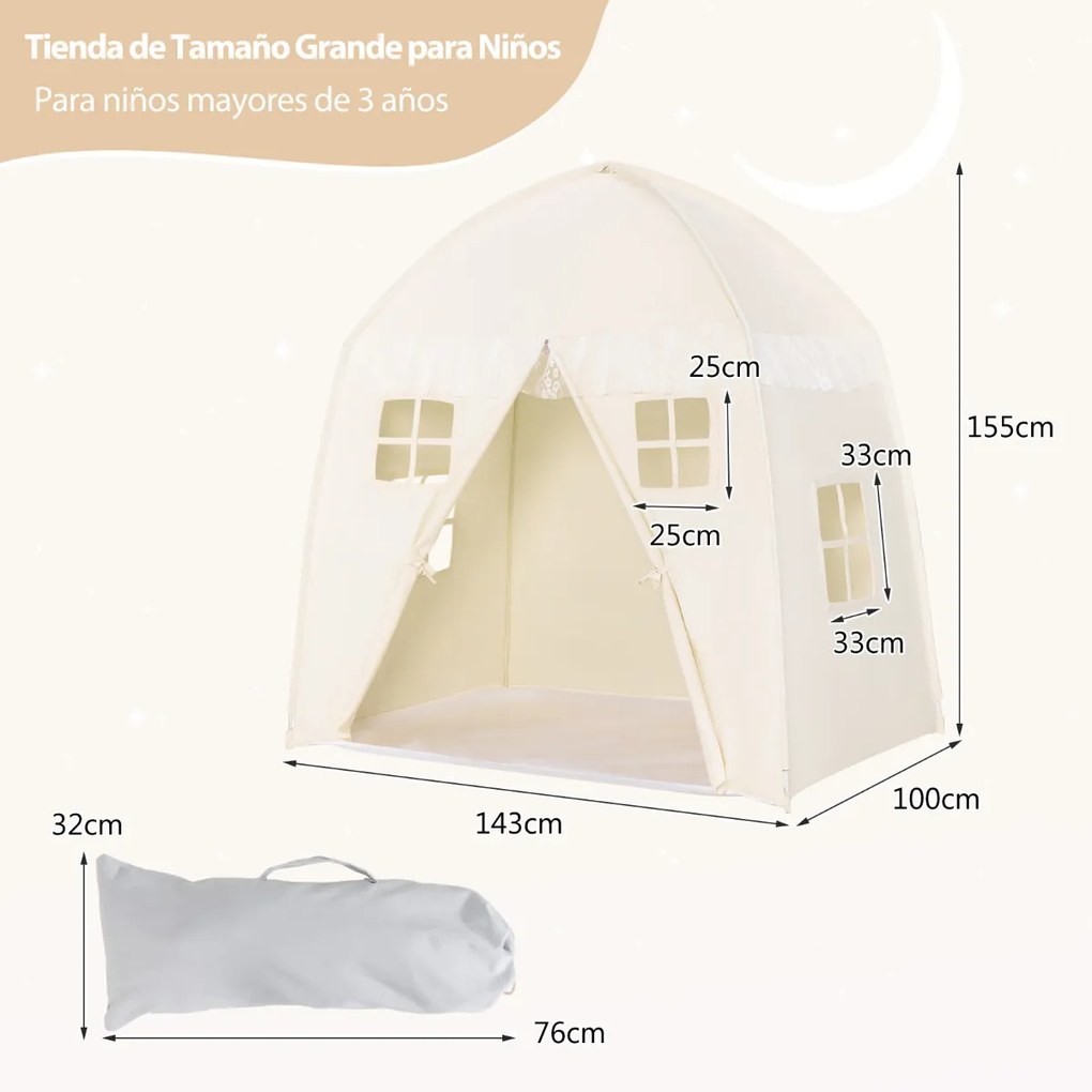 Tenda Infantil Princesa com Tapete Antiderrapante Janelas com fecho para Uso Interno Externo 143 x 100 x 155 cm Bege