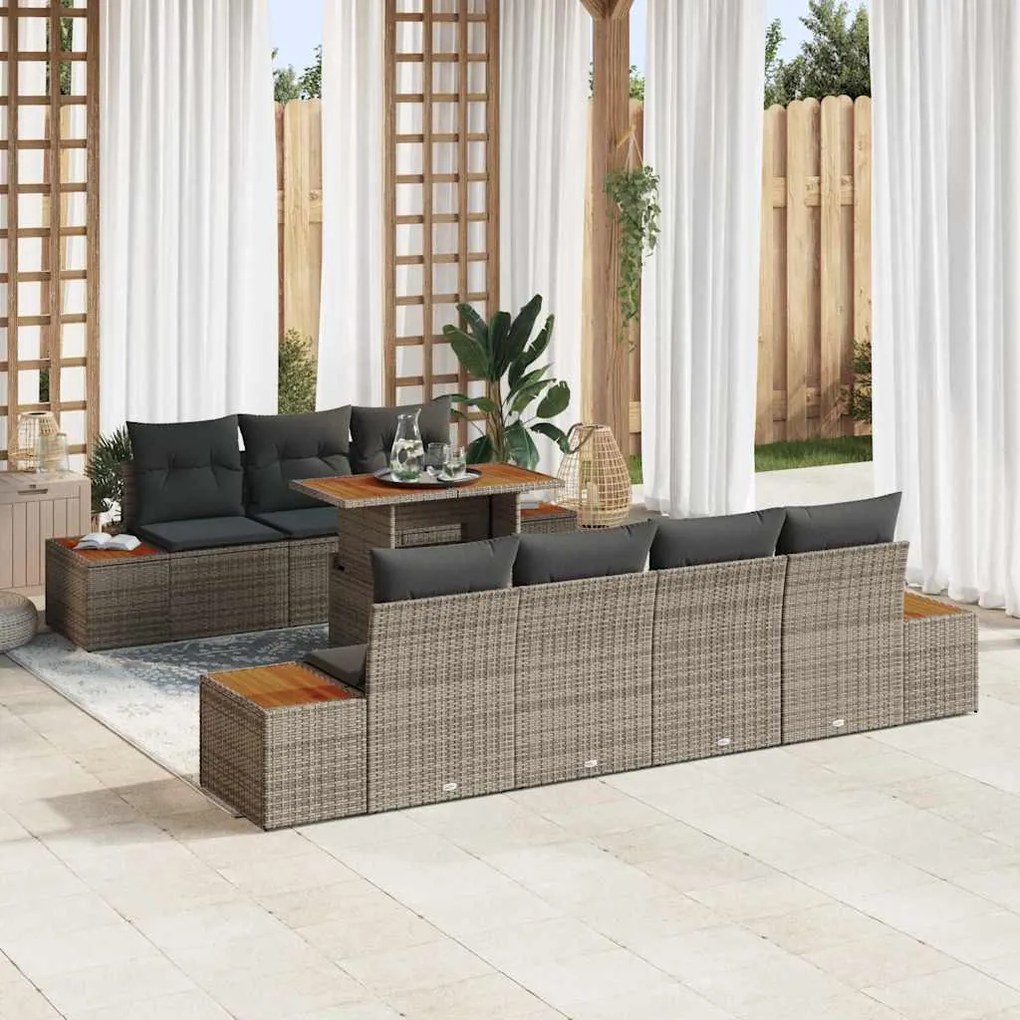 vidaXL Conjunto de Jantar de Jardim com 8 Peças e Almofadas Cinzas em Rattan Sintético e Acácia