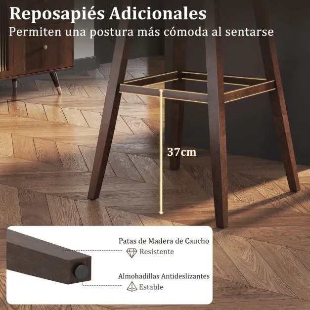 Conjunto de 2 bancos 50 x 50 x 76 cm giratórios de bar 360° com assento acolchoado, apoio para os pés e pernas em madeira de borracha
