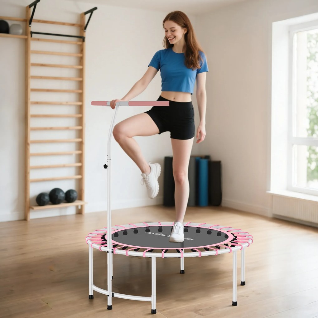 Trampolim de Fitness Adultos Ø102 cm com Pega Ajustável de 5 Níveis Estrutura em Aço para Treino de Pernas Corpo Rosa