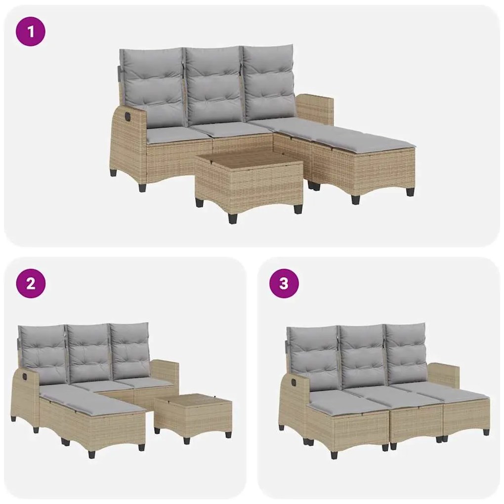 3 pcs conjunto sofás de jardim com almofadões em L vime PE bege
