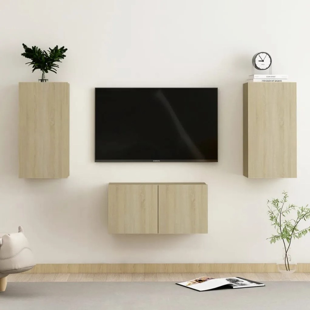 3 pcs conjunto móveis de TV derivados madeira carvalho sonoma